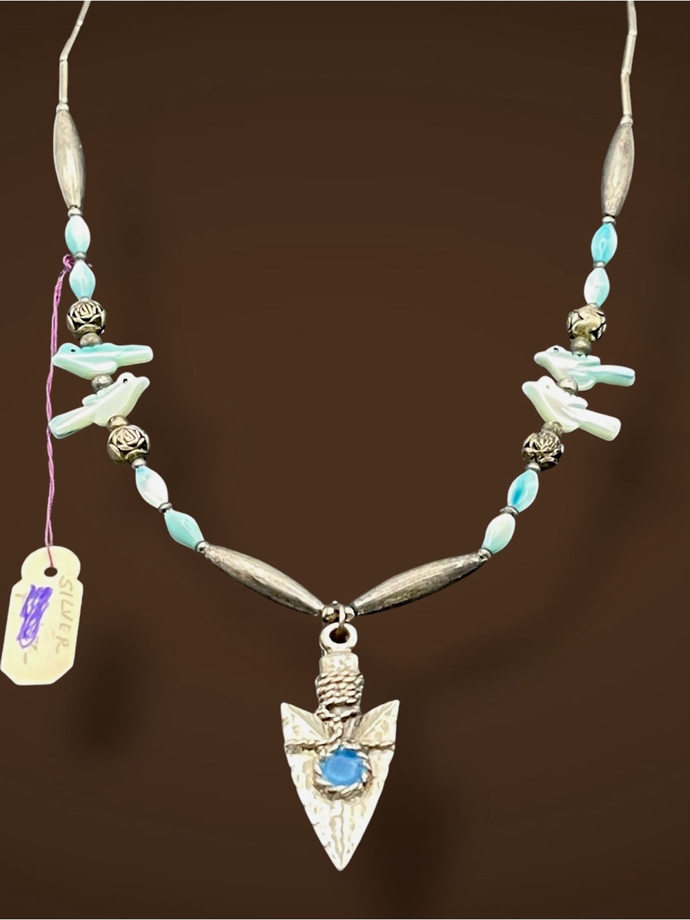 Vintage Native American Sterling Silver Arrowhead & Fetish Bird Necklace Estate